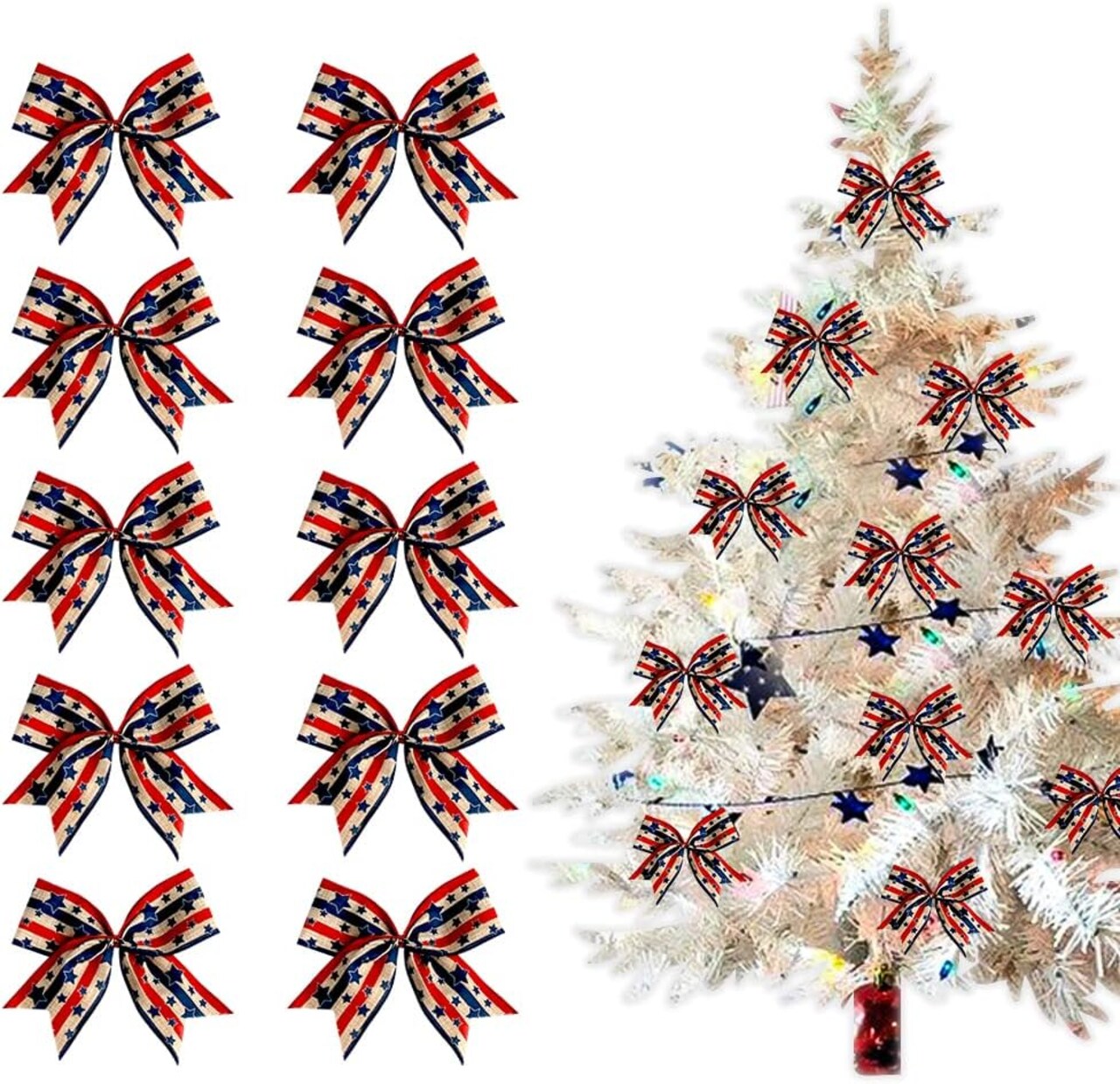 10 Pieces 4th of July Bows for Wreath, Patriotic Wreath Bows Red Blue Natural Burlap Bows American Stars Craft Bows Memorial Day Decorations Tree Bows for Front Door Supplies